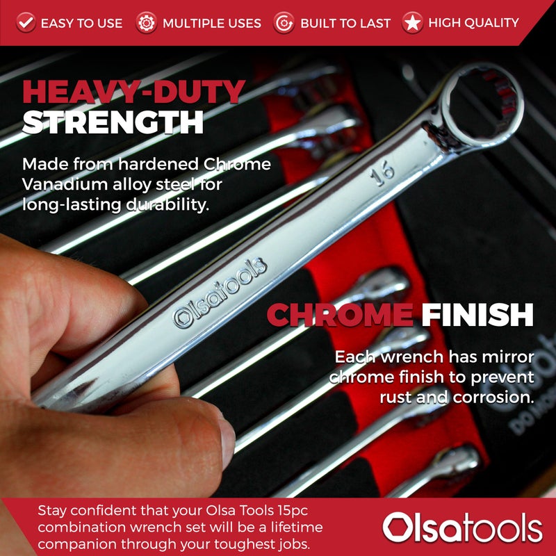 Olsa Tools 15 Pcs Metric Combination Wrench Set, Sizes 8-22mm, Unbreakable, Chrome Vanadium Steel, Polycarbonate - Image 4
